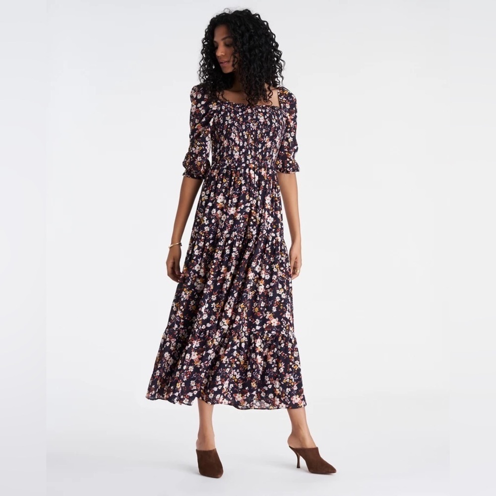 Ann Taylor Women's 4 PETITE Floral Smocked Maxi Dress Puff Sleeve Tiered Ruffle
